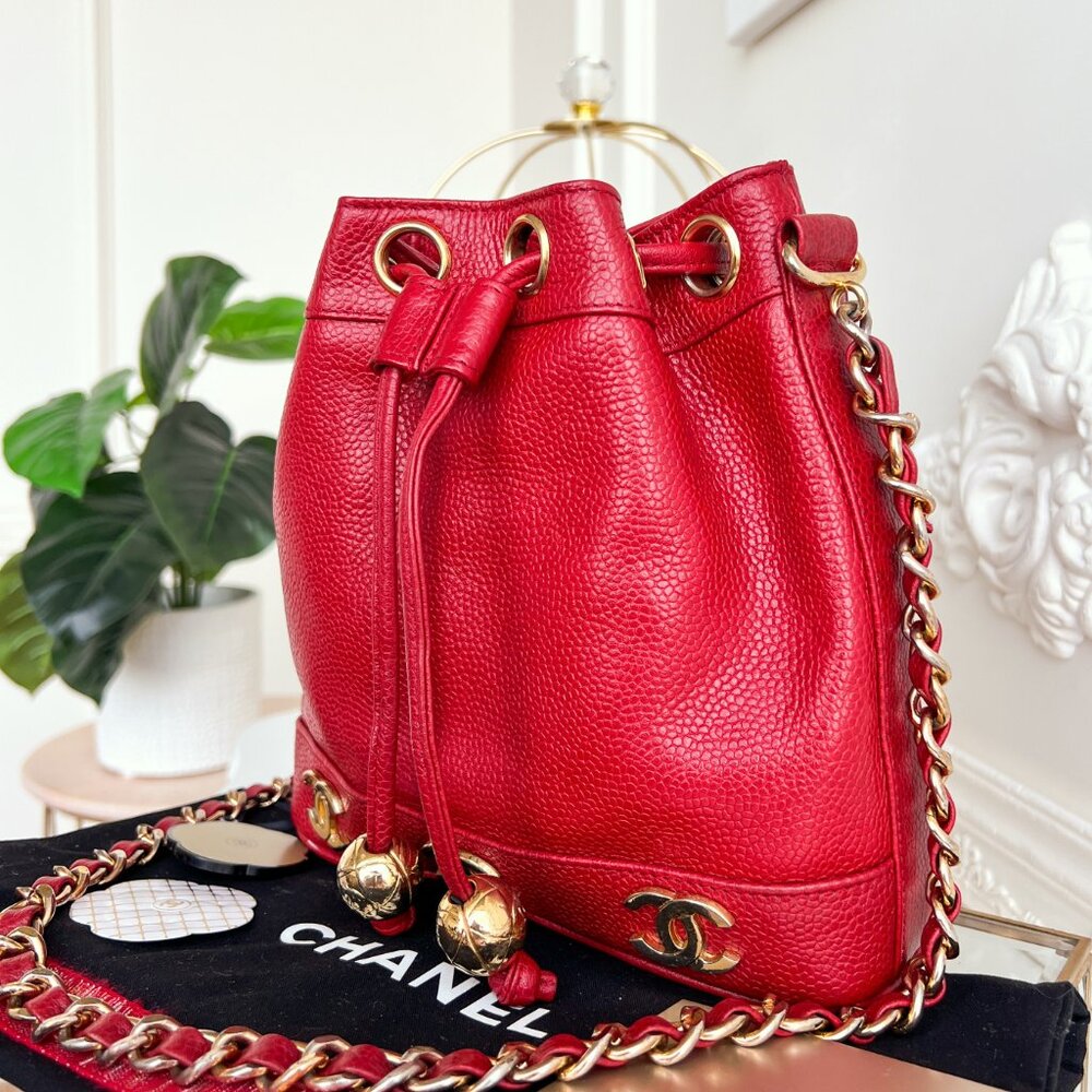 Authentic Chanel CC Bucket Mini Triple coco mark Shoulder Crossbody red B0970 - Picture 6 of 16